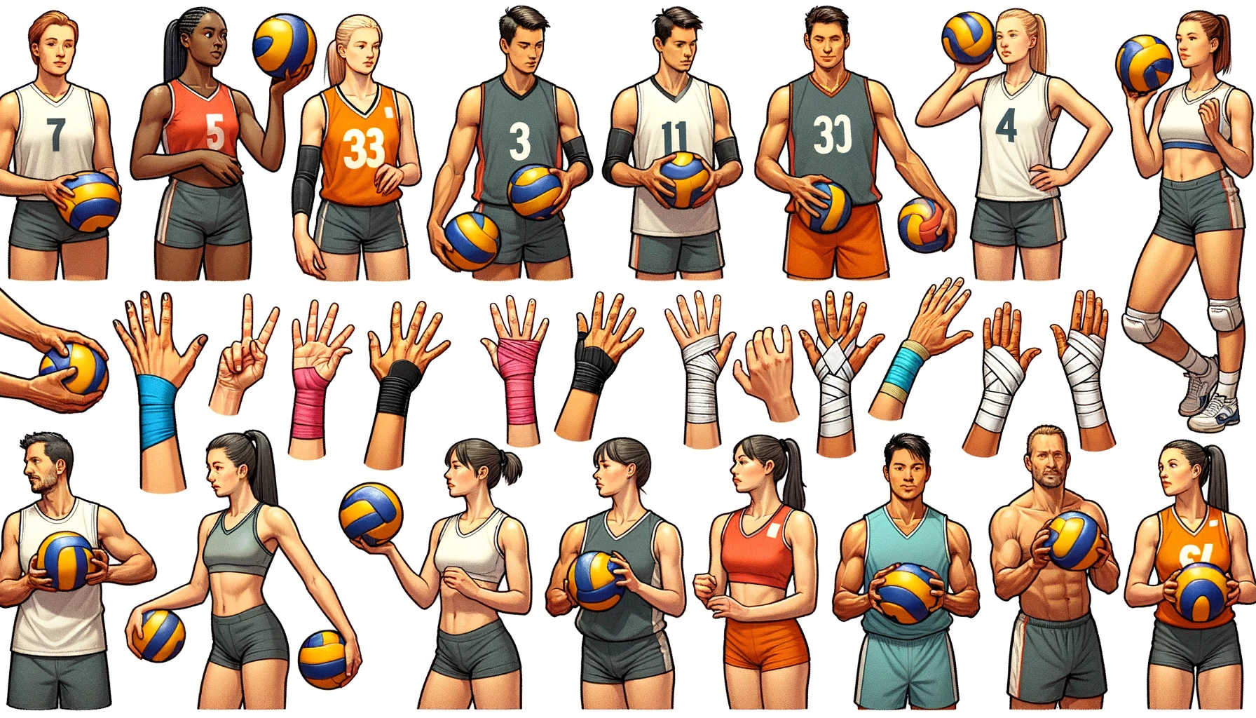 verschiedenen Volleyballspielern unterschiedlicher Herkunft und Geschlechts, die zeigen, wie sie Tape an ihren Händen und Handgelenken verwenden