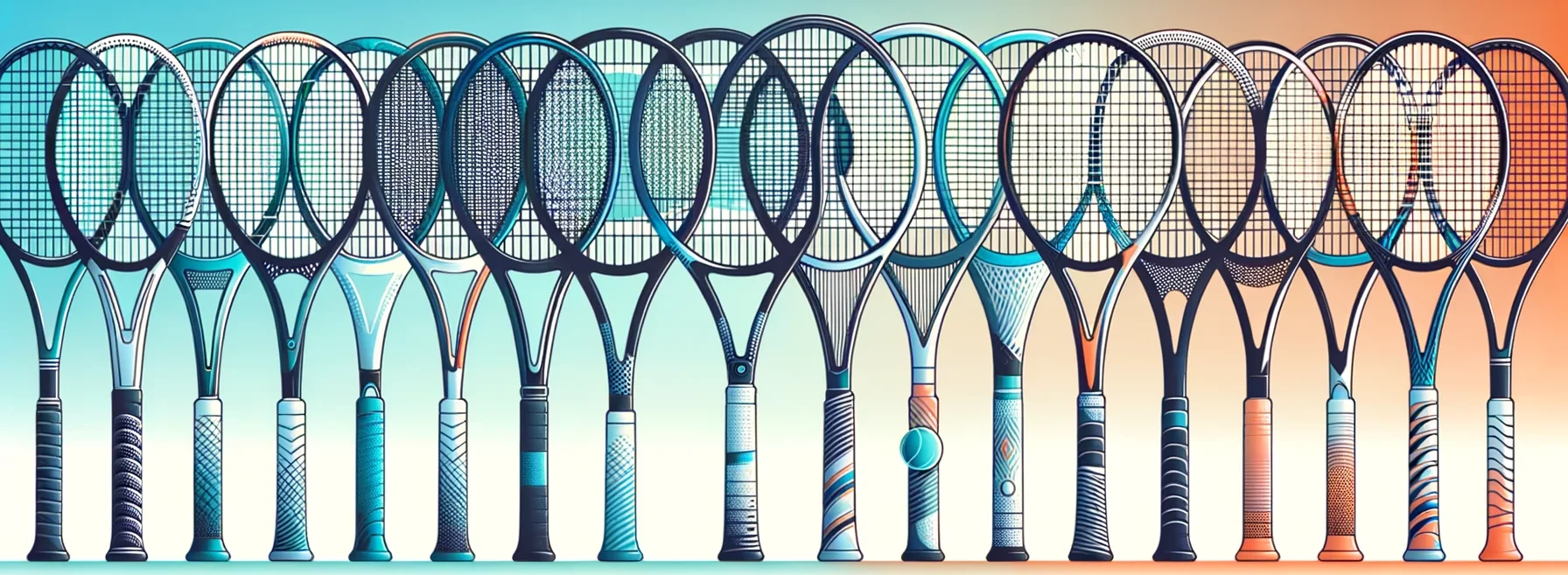 Illustration von verschiedenen horizontal aufgereihten Tennisschlägern
