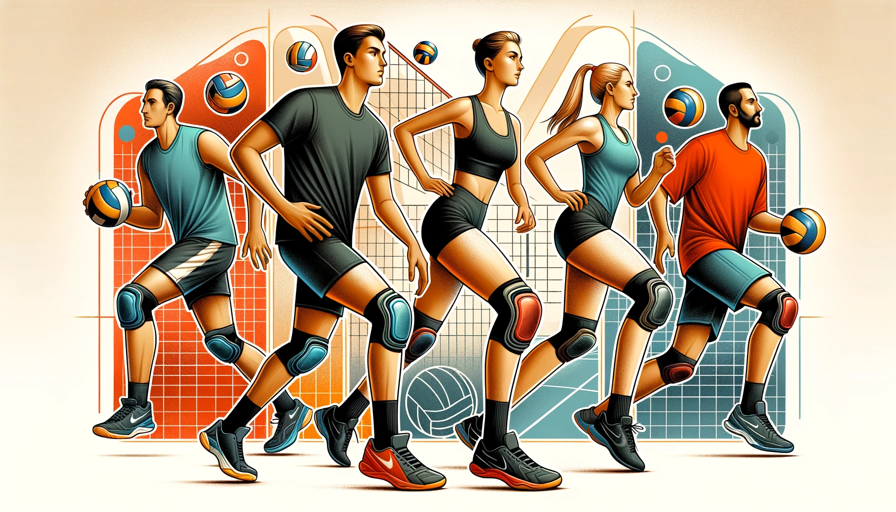 Illustration von verschiedenen männlichen und weiblichen Volleyballspielern in Action-Posen, wobei die Knieschoner, die sie tragen, hervorgehoben werden.