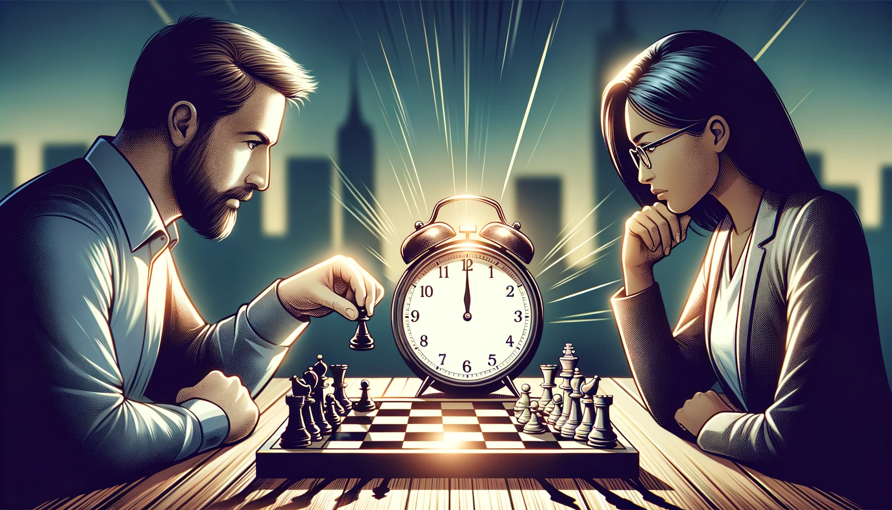 Illustration von zwei verschiedenen Personen, die in ein spannendes Schachspiel vertieft sind, wobei der Schwerpunkt auf der tickenden Schachuhr zwischen ihnen liegt.