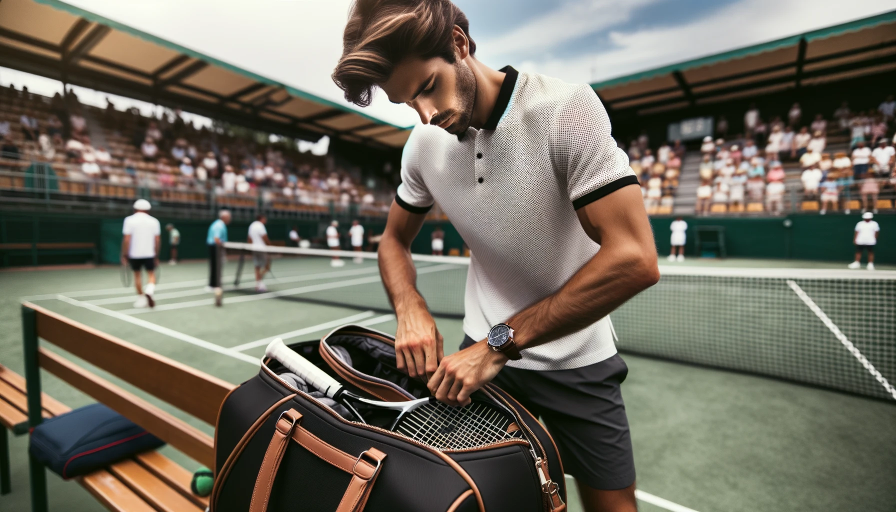 Tennisspieler verstaut seinen Schläger in Tennistasche