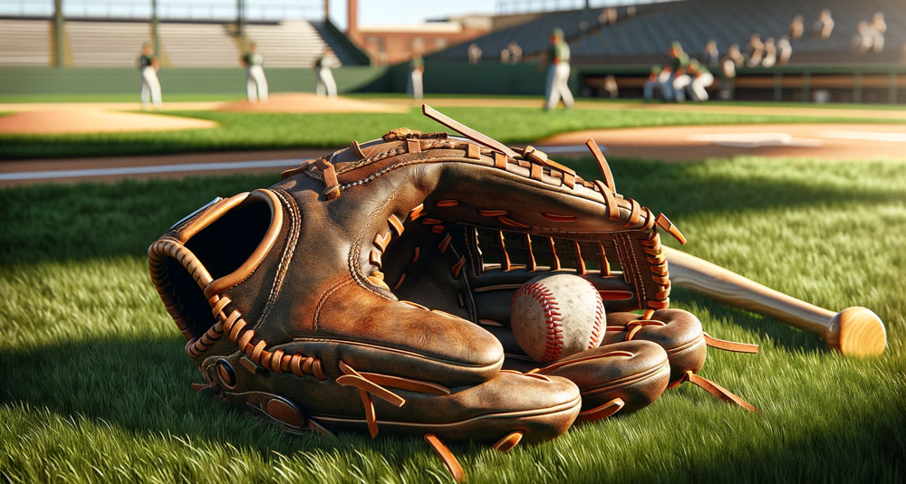 Baseballhandschuh-aus-Leder,-der-auf-dem-Rasen-eines-Baseballfeldes-liegt.-Der-Handschuh-ist-gut-abgenutzt-und-hat-einen-Baseball-in-der-Handfläche