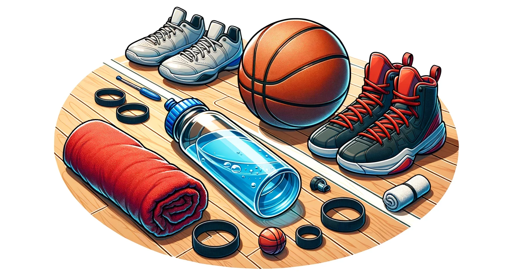 Basketball-Zusatzausrüstungen. Dazu gehören Gegenstände wie eine Wasserflasche, ein Handtuch, Armbänder, Knieschoner und eine Basketballpumpe.