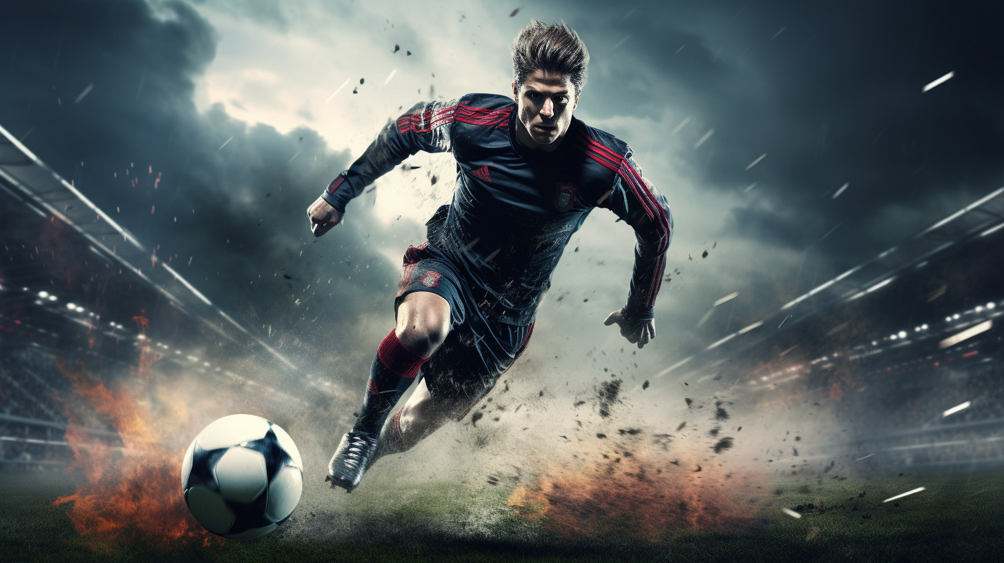 Dynamisches-Bild-eines-Fußballspielers-in-Aktion-auf-dem-Spielfeld,-während-er-den-Ball-mit-hoher-Geschwindigkeit-tritt