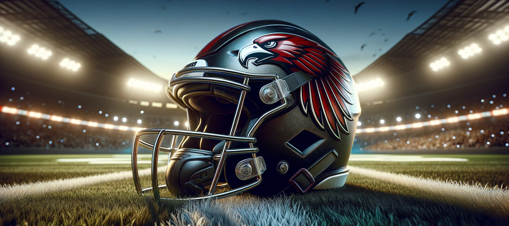 Ein-American-Football-Helm-auf-einem-grasbewachsenen-Feld-mit-Stadionbeleuchtung-im-Hintergrund