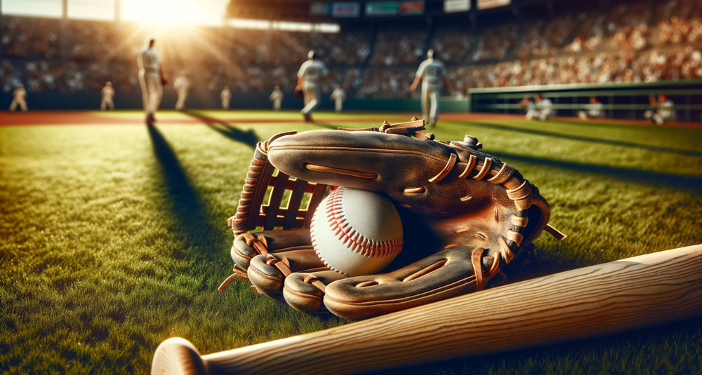 Ein-Baseballhandschuh,-der-in-der-hellen-Nachmittagssonne-auf-dem-Rasen-liegt,-mit-einem-weißen-Baseball-in-der-Handfläche