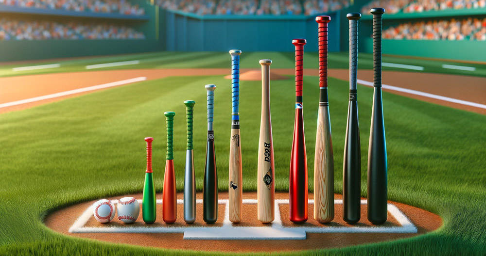 Ein-Bild,-das-eine-Reihe-von-Baseballschlägern-zeigt,-die-für-verschiedene-Altersgruppen-geeignet-sind-und-nebeneinander-auf-einem-üppigen-grünen-Rasen-mit-einer-klaren-Abgrenzung-liegen