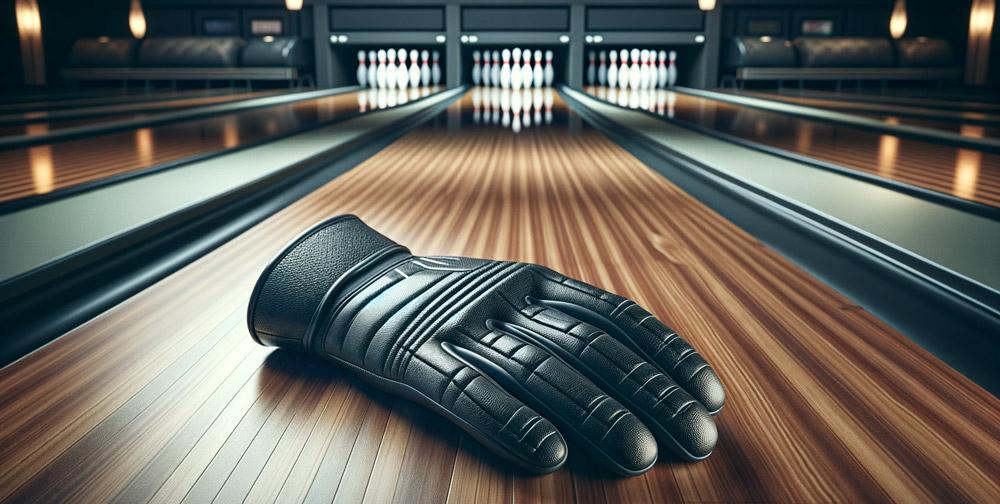 Ein-Bild-eines-schwarzen-Bowlinghandschuhs,-der-auf-einer-glatten-hölzernen-Bowlingbahnfläche-liegt