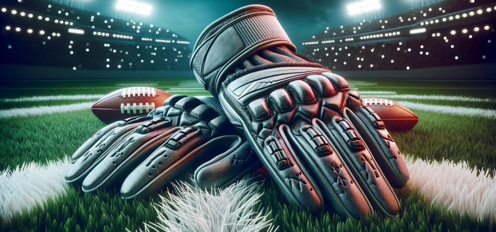 Ein-Bild-mit-einem-Paar-American-Football-Handschuhen,-die-auf-einem-Grasfeld-liegen,-wobei-die-weiße-Seitenlinie-sichtbar-ist