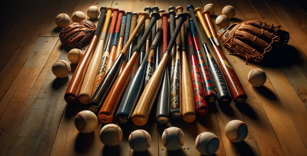Ein-Foto-einer-Sammlung-von-Baseballschlägern,-die-in-einem-Muster-vor-einem-Hintergrund-aus-Holzboden-angeordnet-sind
