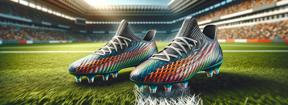 Ein-Paar-Football-Schuhe-mit-Stollen-zeigt,-die-auf-einem-Grasfeld-liegen,-wobei-weiße-Kreidelinien-den-Spielbereich-markieren