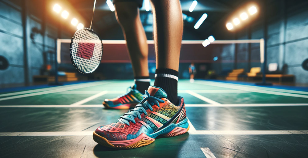 Ein-Paar-professioneller-Badmintonschuhe,-die-auf-einem-Badmintonfeld-platziert-werden,-wobei-ein-Schuh-leicht-vor-dem-anderen-liegt,-als-ob-ein-Spieler-bereit-wäre,-hineinzutreten
