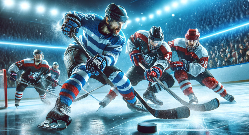 Ein-actiongeladenes-Eishockeyspiel,-bei-dem-die-Spieler-der-gegnerischen-Mannschaften-auf-einer-Eisfläche-um-den-Puck-kämpfen