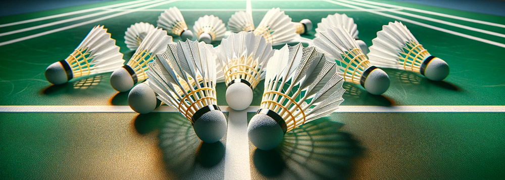 Ein-detailliertes-und-lebendiges-Bild-von-mehreren-Federbällen,-die-beim-Badminton-verwendet-werden,-verstreut-über-ein-Badmintonfeld-mit-dem-Netz-im-Hintergrund