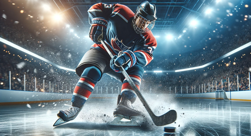 Ein-dynamisches-Bild-eines-Eishockeyspielers-inmitten-eines-Spiels
