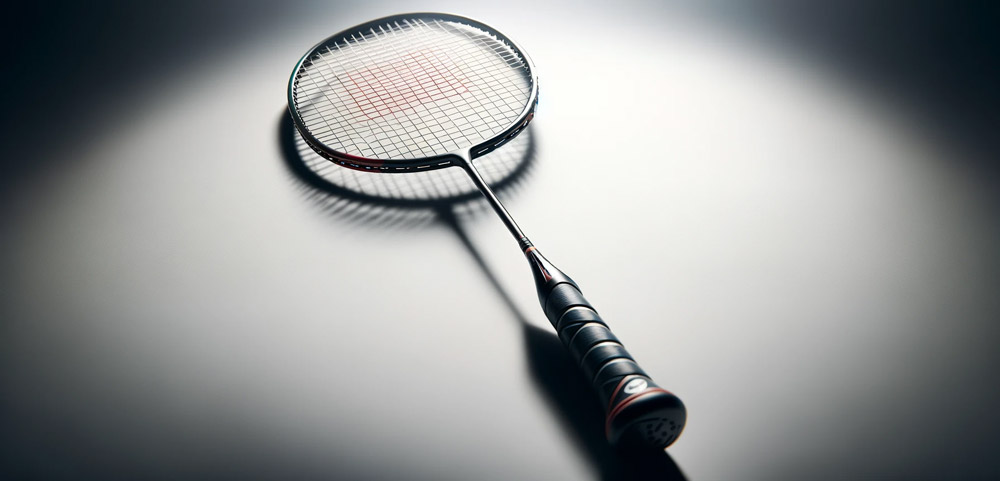 Ein-einzelner-Badmintonschläger-vor-einem-weißen-Hintergrund