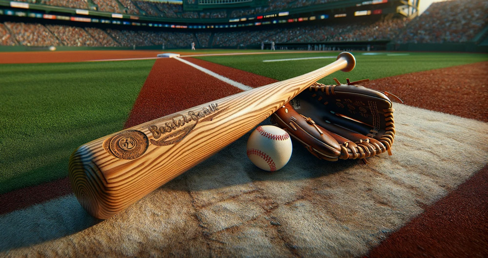 Ein-hochauflösendes-Bild-eines-Holz-Baseballschlägers-mit-trickreichen-Schnitzereien-auf-seiner-Oberfläche. Die grundlegende Baseball Ausrüstung, die zum Spielen benötigt wird.