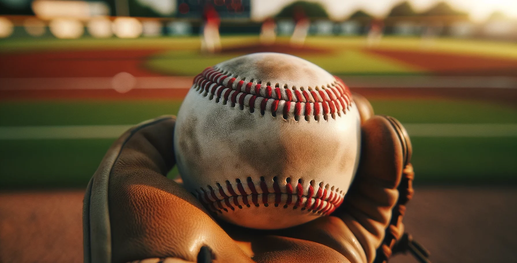 Eine Großaufnahme eines Baseballs, die Details wie die roten Nähte und die Textur des weißen Leders zeigt