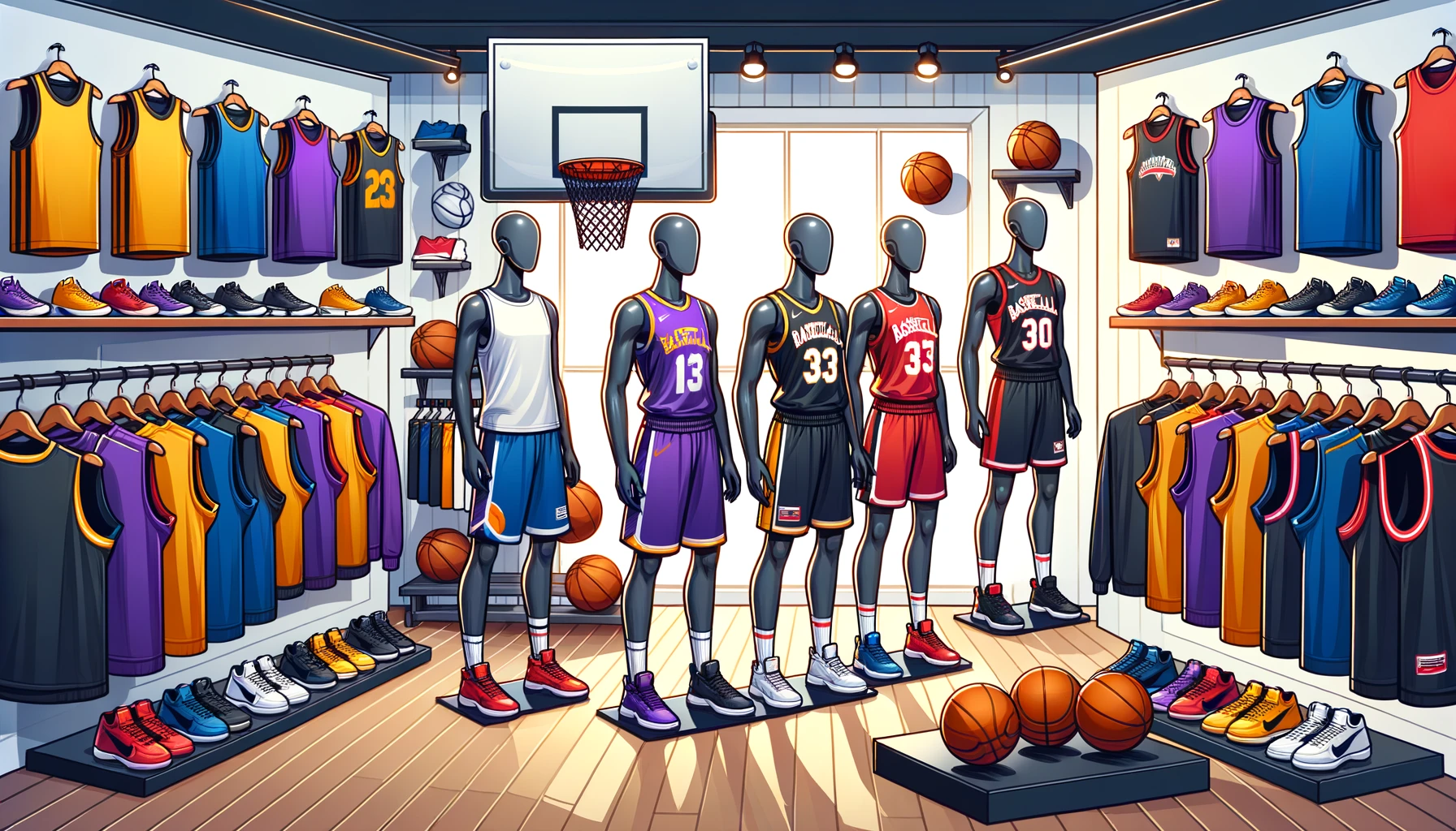 Eine Illustration eines Basketball-Bekleidungsgeschäfts, das eine Vielzahl von Basketball-Bekleidung und Zubehör anbietet.