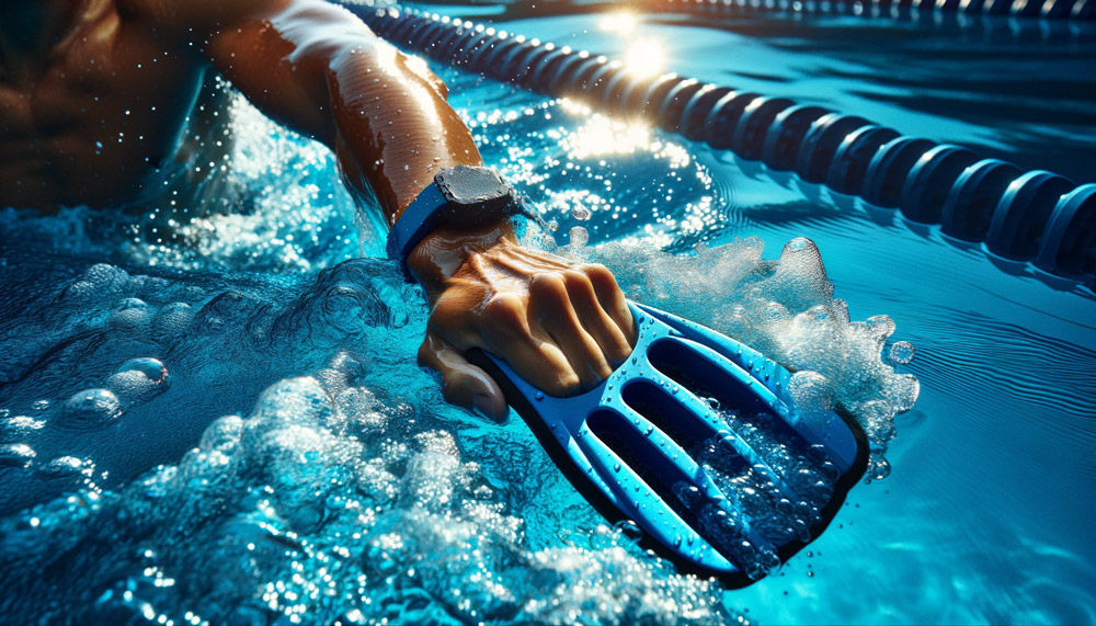 Eine Nahaufnahme der Hand eines Schwimmers, die durch das Wasser gleitet, ergänzt durch ein Handpaddel. Das Paddel ist hellblau und kontrastiert mit dem dunkelblauen Wasser des Schwimmbads. Die Sonne spiegelt sich auf der Oberfläche des Schwimmbeckens und erzeugt einen schimmernden Effekt um den Arm des Schwimmers. Das Bild konzentriert sich auf die Interaktion zwischen der Schwimmausrüstung und der Wasserdynamik und zeigt Blasen und Wellen um die Finger und die Handfläche, um die Verwendung des Paddels beim Schwimmtraining zu demonstrieren.