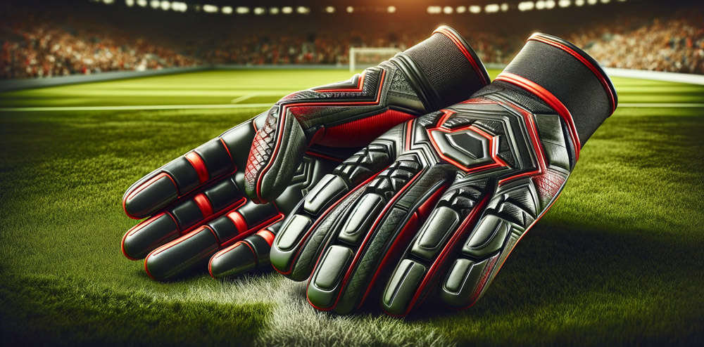 Eine-Nahaufnahme-eines-Paars-hochwertiger-Football-Handschuhe,-die-auf-einem-grasbewachsenen-Feld-mit-Football-Platzmarkierungen-aufliegen