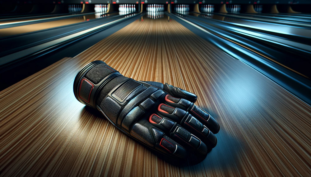 Eine-Nahaufnahme-eines-modernen-Bowlinghandschuhs,-der-auf-einer-polierten-Holzoberfläche-einer-Bowlingbahn-liegt