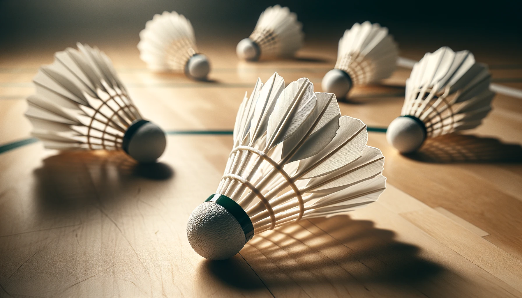 Eine Nahaufnahme mehrerer Federbälle, auch bekannt als Birdie, der beim Badminton verwendet wird. Der Fokus liegt auf den weißen Federn und dem abgerundeten Korkboden.