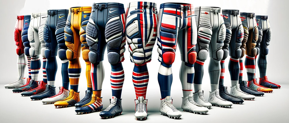 Eine-Reihe-von-American-Football-Hosen-Designvariationen,-die-flach-in-einem-Schaufenster-Stil-vor-einem-weißen-Hintergrund-ausgelegt-sind
