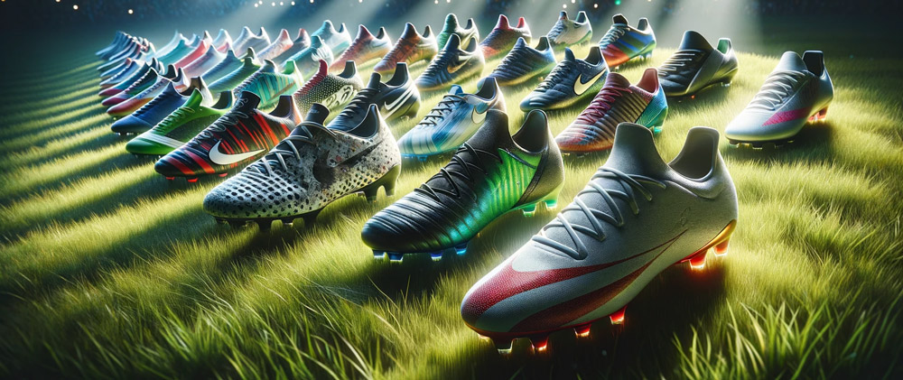 Eine-Reihe-von-Football-Schuhen-auf-einem-Rasenfeld-mit-Stadionbeleuchtung-im-Hintergrund