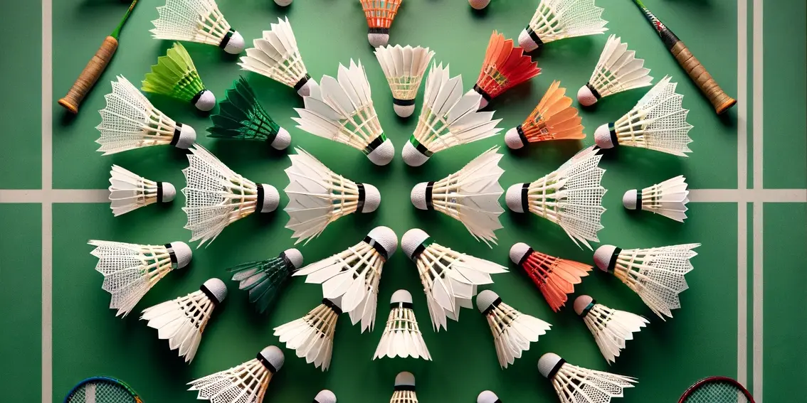 Eine Reihe von unterschiedlich gestalteten Federbällen, die in einem Muster auf einem Badmintonfeld angeordnet sind