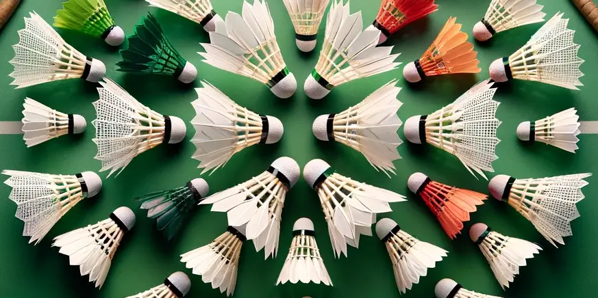 Eine Reihe von unterschiedlich gestalteten Yonex Federbällen, die in einem Muster auf einem Badmintonfeld angeordnet sind