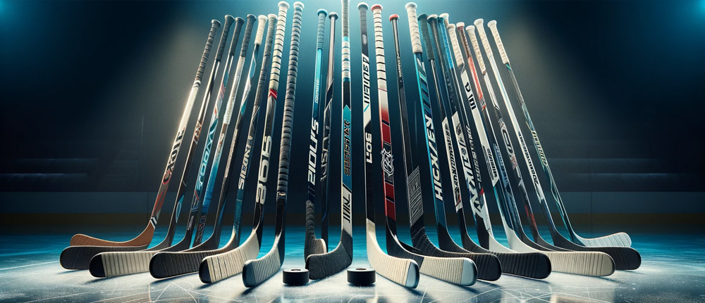 Eine-Reihe-von-verschiedenen-Arten-von-Eishockeyschlägern,-die-auf-einer-glatten-Eisfläche-ausgelegt-sind-und-das-Umgebungslicht-reflektieren
