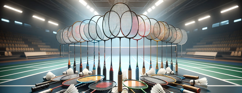 Eine-Sammlung-verschiedener-Badmintonschläger,-die-in-einem-ansprechenden-Layout-auf-einem-professionellen-Badmintonplatz-angeordnet-sind