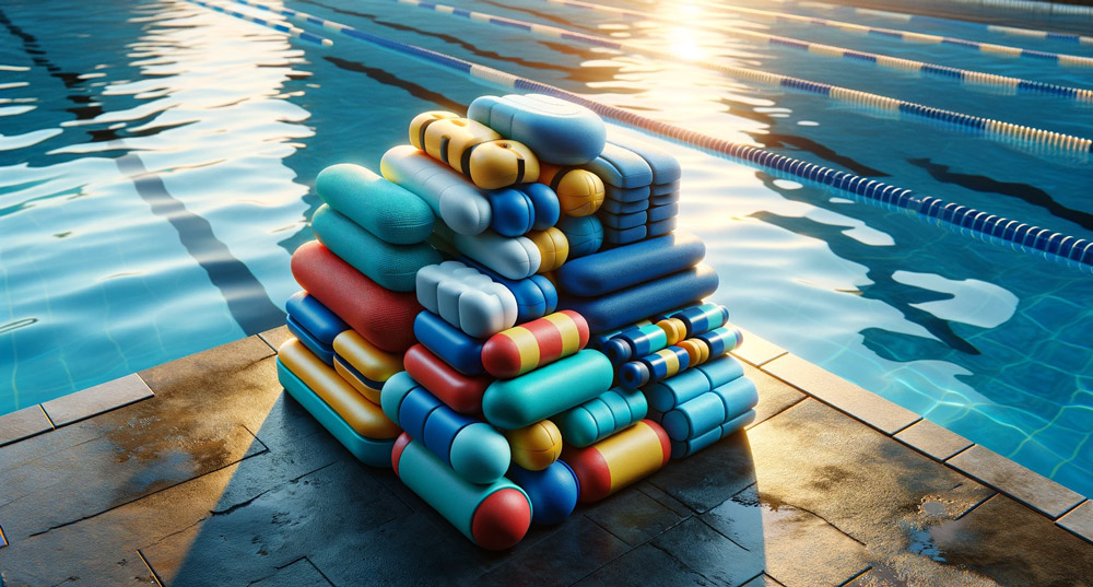 Eine Sammlung von Pull-Buoys, die beim Schwimmen verwendet werden, gestapelt am Rand eines sonnenbeschienenen Pools mit klarem, blauem Wasser. Die Bojen haben unterschiedliche Farben, darunter blau, rot und gelb. Einige Bojen sind einfache Schaumstoffblöcke, während andere eine ergonomische Form haben. Im Hintergrund ist das glitzernde Wasser des Schwimmbeckens mit sanften Wellen zu sehen, in denen sich das Sonnenlicht spiegelt, und ein Teil der Schwimmseile, die sich quer über das Bild erstrecken. Es sind keine Menschen auf dem Bild zu sehen, was die Anordnung der Pull-Buoys und die ruhige Umgebung des Pools hervorhebt.