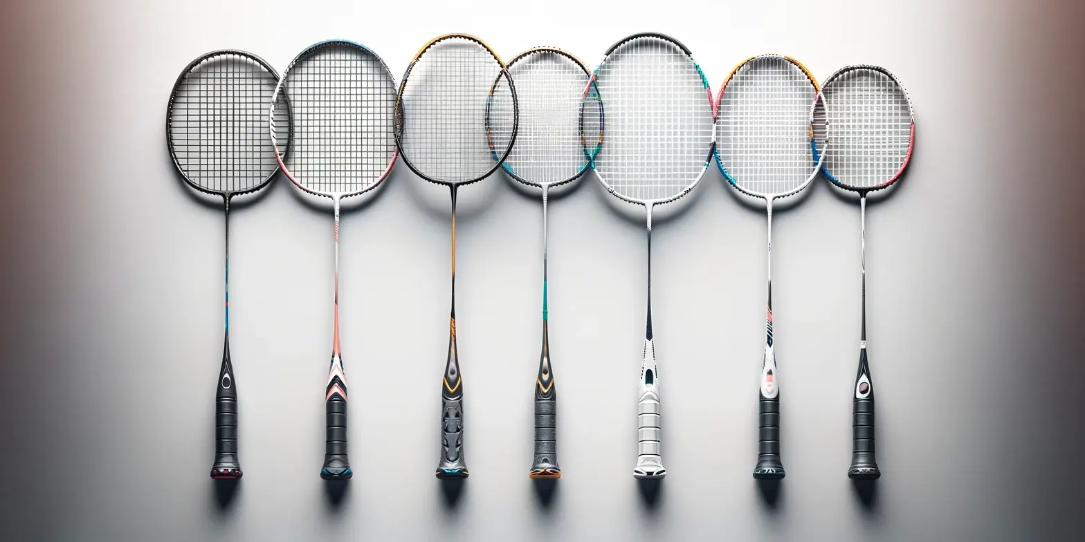 Einzelne Badmintonschläger, die gleichmäßig nebeneinander auf einem sauberen weißen Hintergrund angeordnet sind.