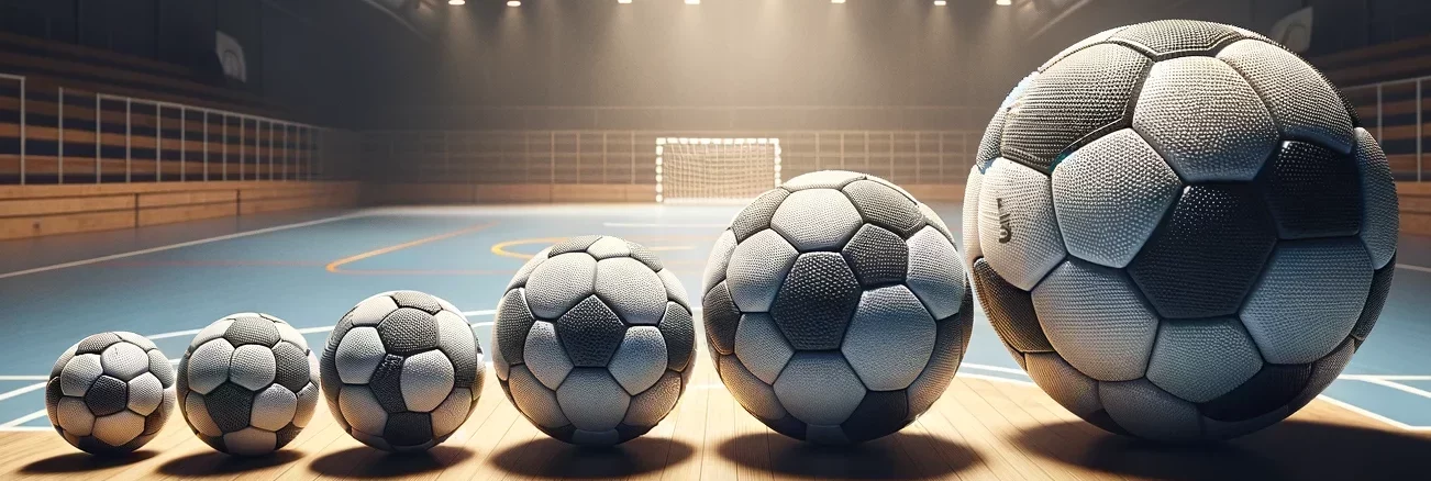 Handballbällen in verschiedenen Größen, die auf einem Handballfeld aufgereiht sind.
