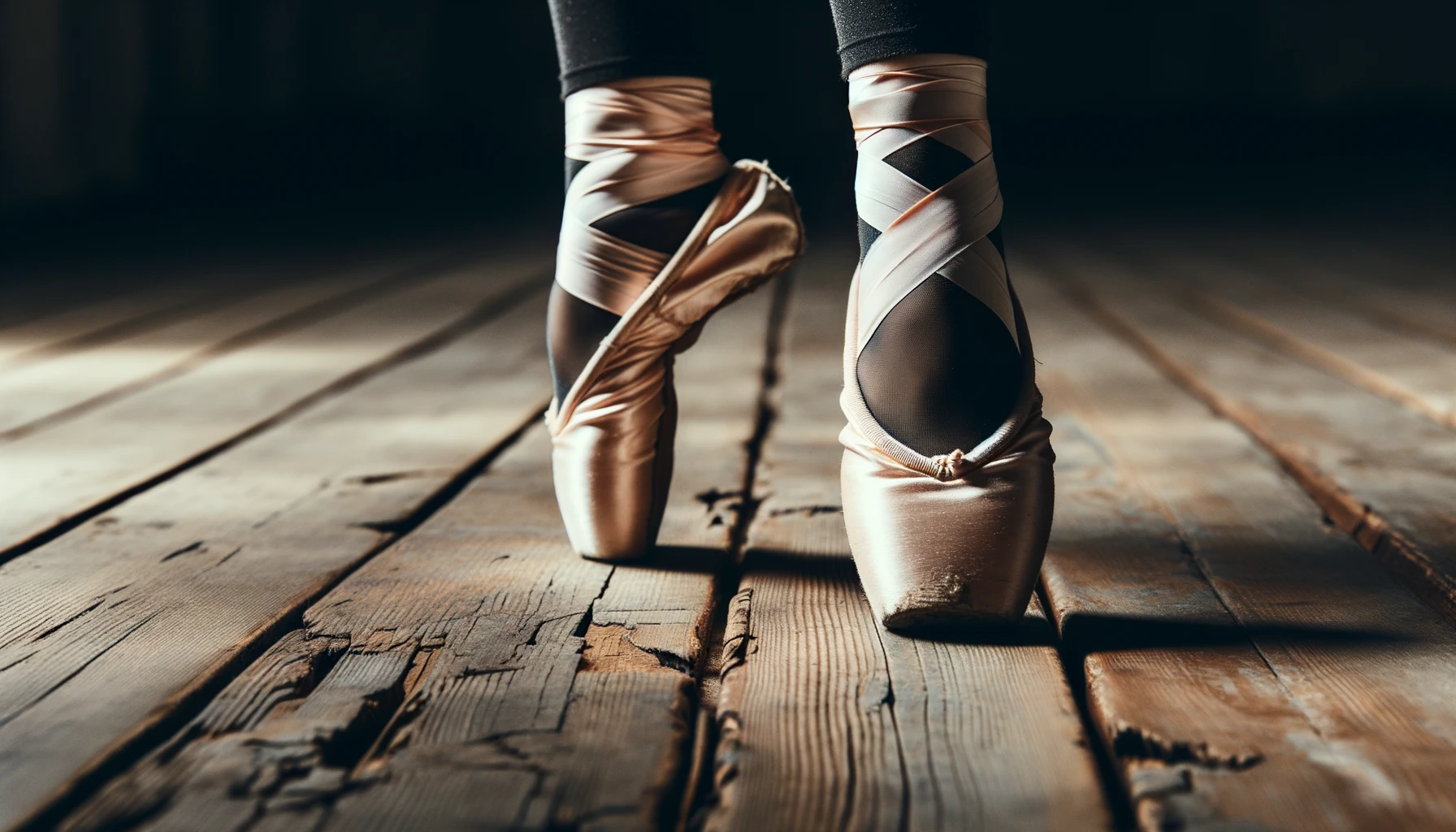 Foto der Füße einer Balletttänzerin in abgenutzten Spitzenschuhen, die den intensiven Gebrauch und die Bedeutung der Schuhe im Ballett betonen, auf einem hölzernen Tanzboden.