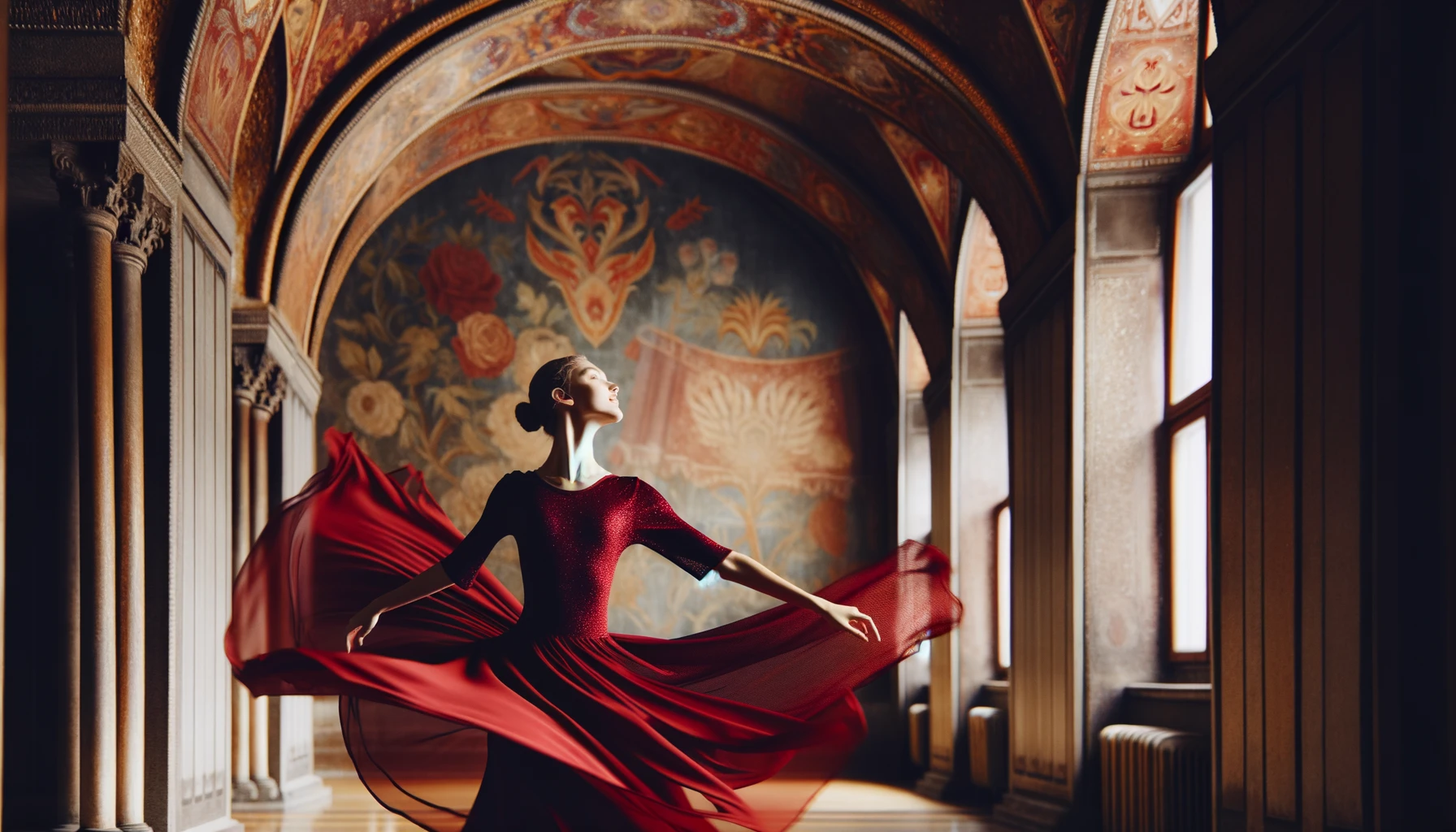 Foto einer Balletttänzerin in einem tiefroten Trikot, aufgenommen in einem geräumigen Tanzstudio, wobei ihre Bewegung einen dynamischen Fluss von Stoff erzeugt