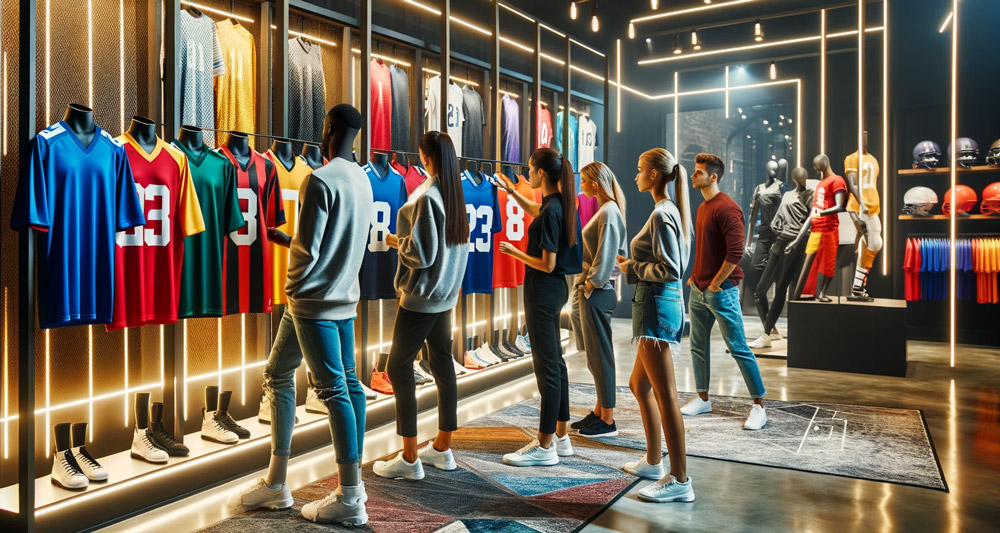 Foto-einer-Gruppe-verschiedener-Personen-in-einem-modernen-Sportbekleidungsgeschäft,-die-verschiedene-Fußballtrikots-begutachten,-die-an-einer-glatten-Ausstellungswand-hängen