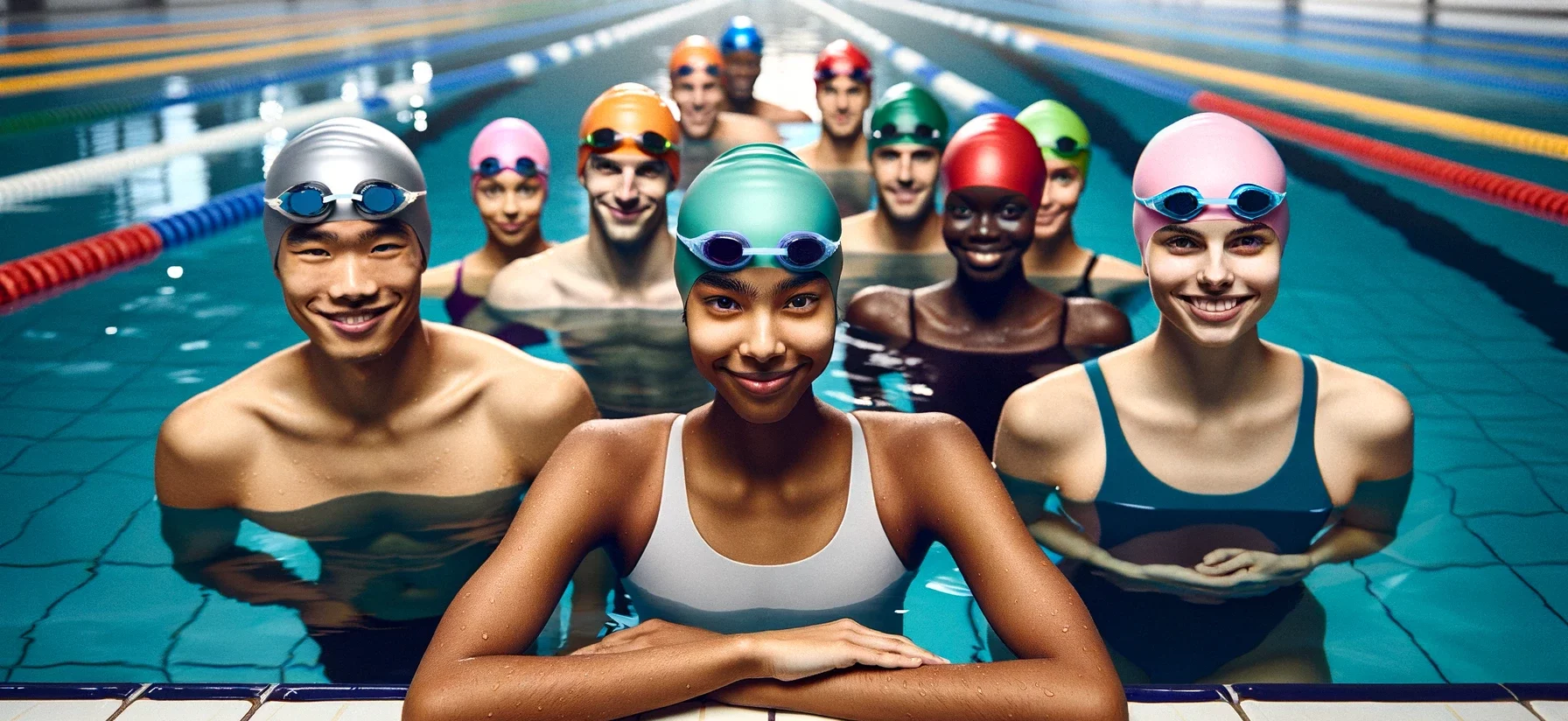 Foto einer Gruppe von Schwimmern am Rande eines olympischen Schwimmbeckens, die alle bunte Silikon-Schwimmkappen tragen. Das Bild fängt eine Vielfalt an Herkunft und Geschlecht ein: ein ostasiatischer Mann, eine schwarze Frau und eine kaukasische Frau, alle mit Schwimmbrillen auf der Stirn, die selbstbewusst in die Kamera lächeln. Das Wasser des Pools ist kristallklar und reflektiert die helle Innenbeleuchtung, und die Schwimmer sind so aufgeregt, als wären sie bereit für ein Rennen.