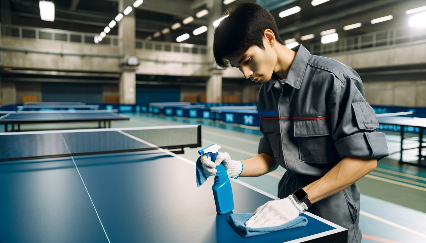 Foto einer Person, die eine blaue Tischtennisplatte mit einem weichen Tuch und einem speziellen Spray sorgfältig reinigt.