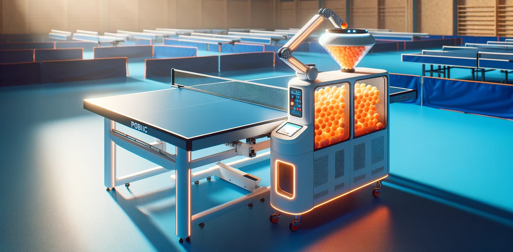Foto einer modernen Tischtennisballmaschine, die an einem Ende einer blauen Tischtennisplatte in einer hell erleuchteten Sporthalle steht.