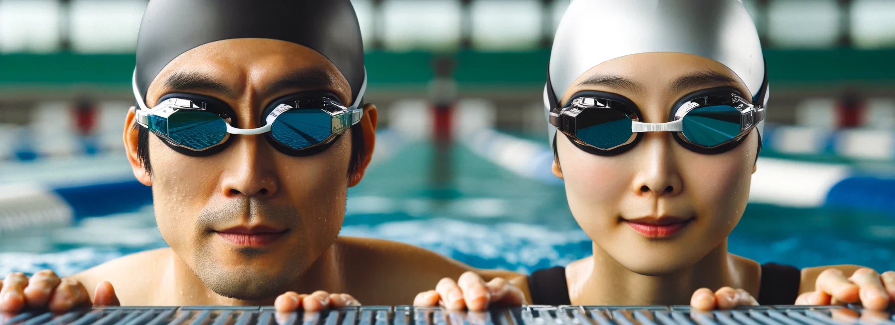 Foto eines ostasiatischen Mannes und einer kaukasischen Frau, die Hightech-Schwimmbrillen tragen und bereit sind, in ein Wettkampfschwimmbecken zu springen.