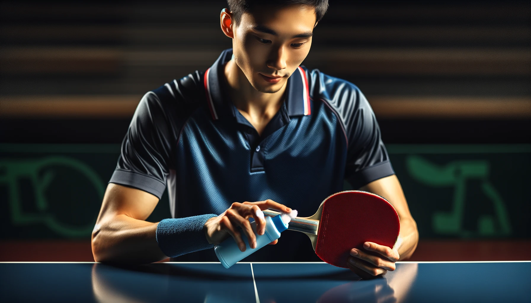 Foto eines professionellen Tischtennisspielers in einer dunkelblauen Sportuniform, der einen Tischtennisschläger mit einem speziellen Schaumreiniger reinigt.