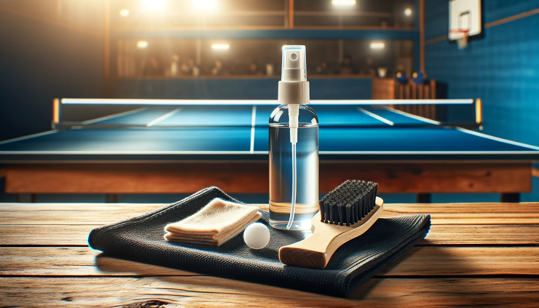 Foto eines speziellen Reinigungssets für Tischtennisschläger, das ordentlich auf einem Holztisch angeordnet ist.