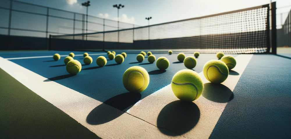 Foto-von-verstreuten-Tennisbällen-auf-einem-frisch-gestrichenen-blauen-Tennisplatz,-mit-dem-Netz-im-Hintergrund-und-einem-klaren-Himmel-darüber