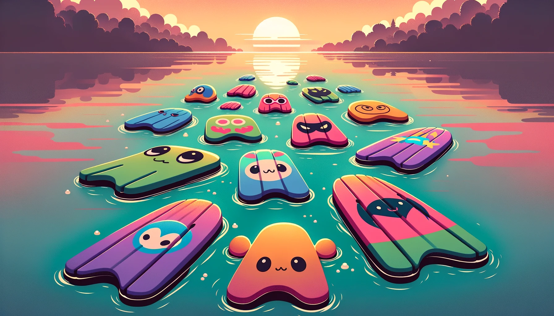 Illustration einer Sammlung von schwimmenden Kickboards im Cartoon-Stil, die auf einem ruhigen See bei Sonnenuntergang schwimmen.