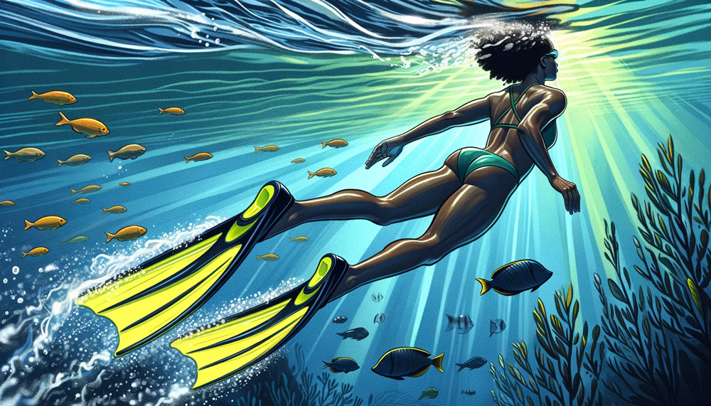 Illustration-einer-Soloschwimmerin,-einer-schwarzen-Frau,-aus-der-Unterwasserperspektive,-die-mit-leuchtend-gelben-Schwimmflossen-mühelos-durch-das-Wasser-gleitet