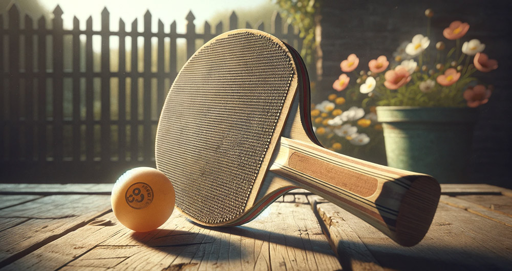 Illustration-eines-Tischtennisschlägers-im-Vintage-Stil-mit-einer-Sandpapieroberfläche,-der-neben-einem-altmodischen-Tischtennisball-aus-Zelluloid-auf-einer-rustikalen-Holzoberfläche-liegt