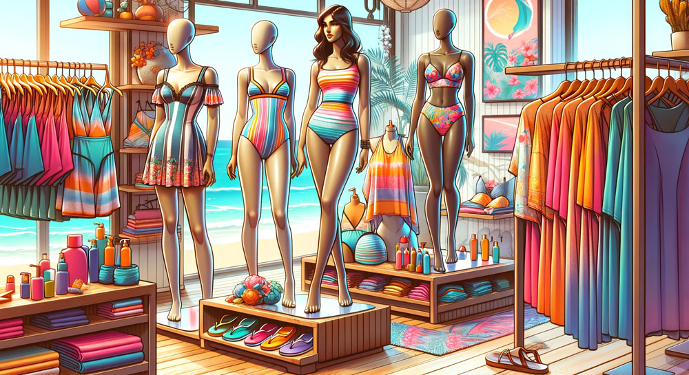 Illustration-eines-lebhaften-Strandbekleidungsgeschäfts-mit-verschiedenen-Arten-von-Badeanzügen
